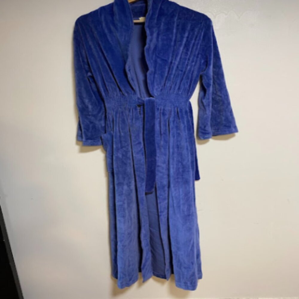 Vintage Velour Smocked Waist Royal Blue Maxi Robe - Size M - Picture 3 of 12